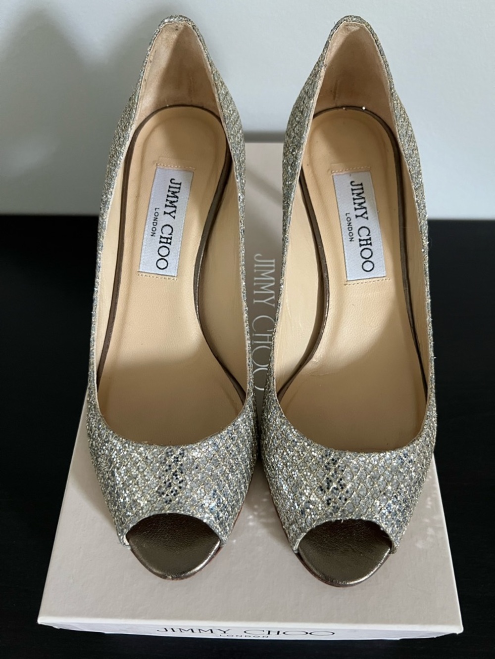 Jimmy Choo Isabel Champagne Glitter Open-Toe 2.5” Pumps Size 5 / 35 - Picture 13 of 16
